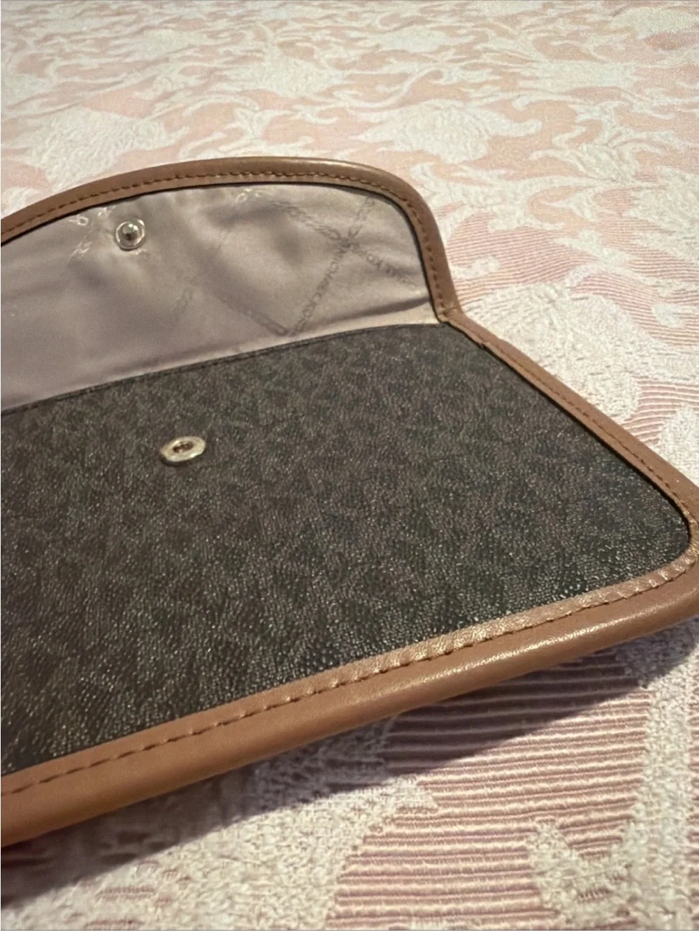 Michael Kors Brown Signature Logo Wristlet with Tan Trim